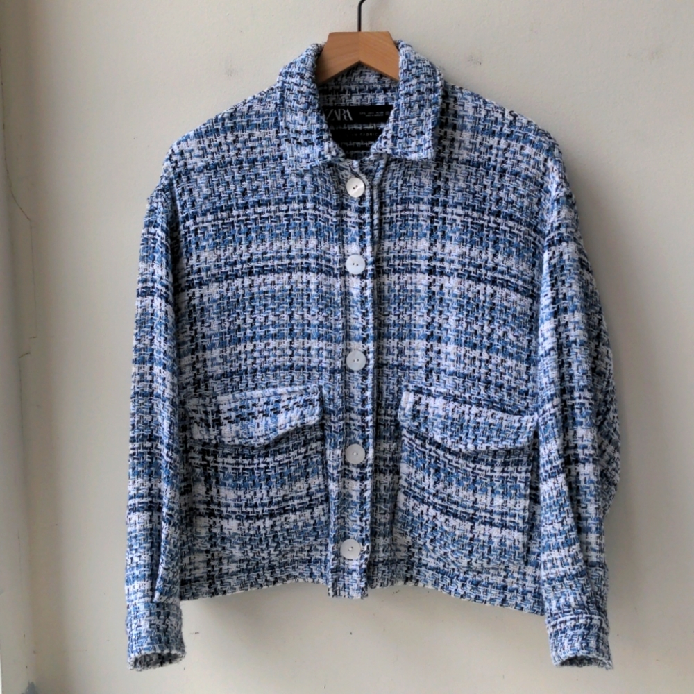 Zara Crop Tweed Jacket Blue White Women's Size Small